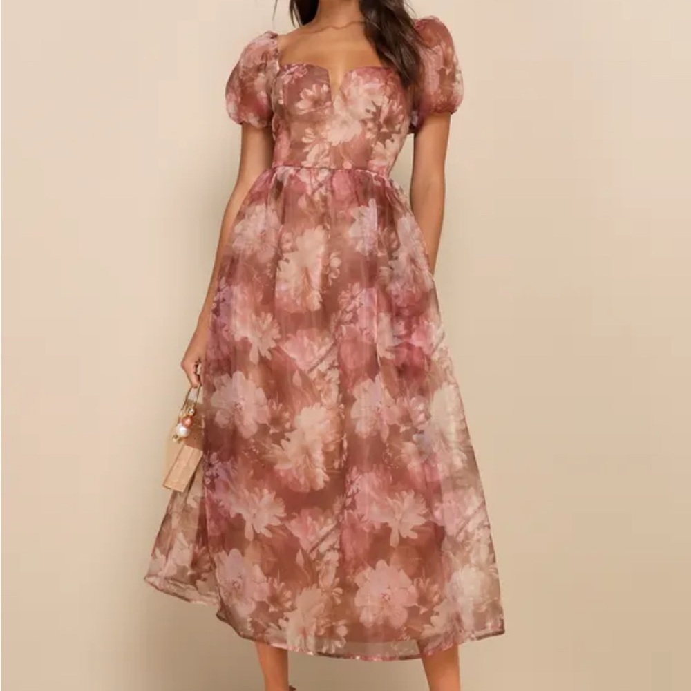 Lulu’s Lovely Statement Light Brown Floral Organza Tie-Back Midi Dress